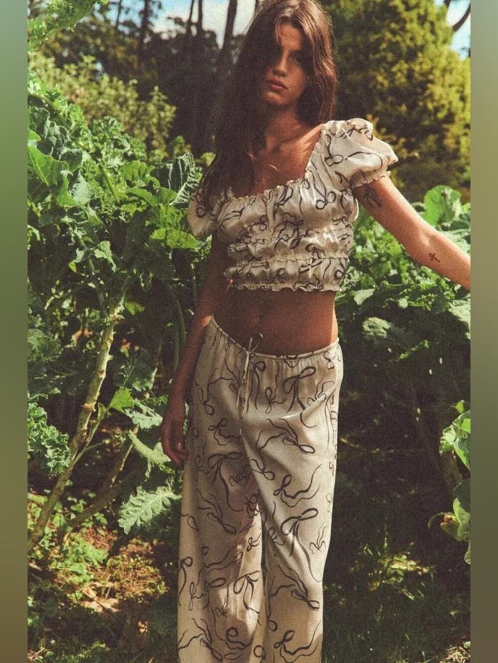 2 pc Zara Bow Printed satin crop top and pants set